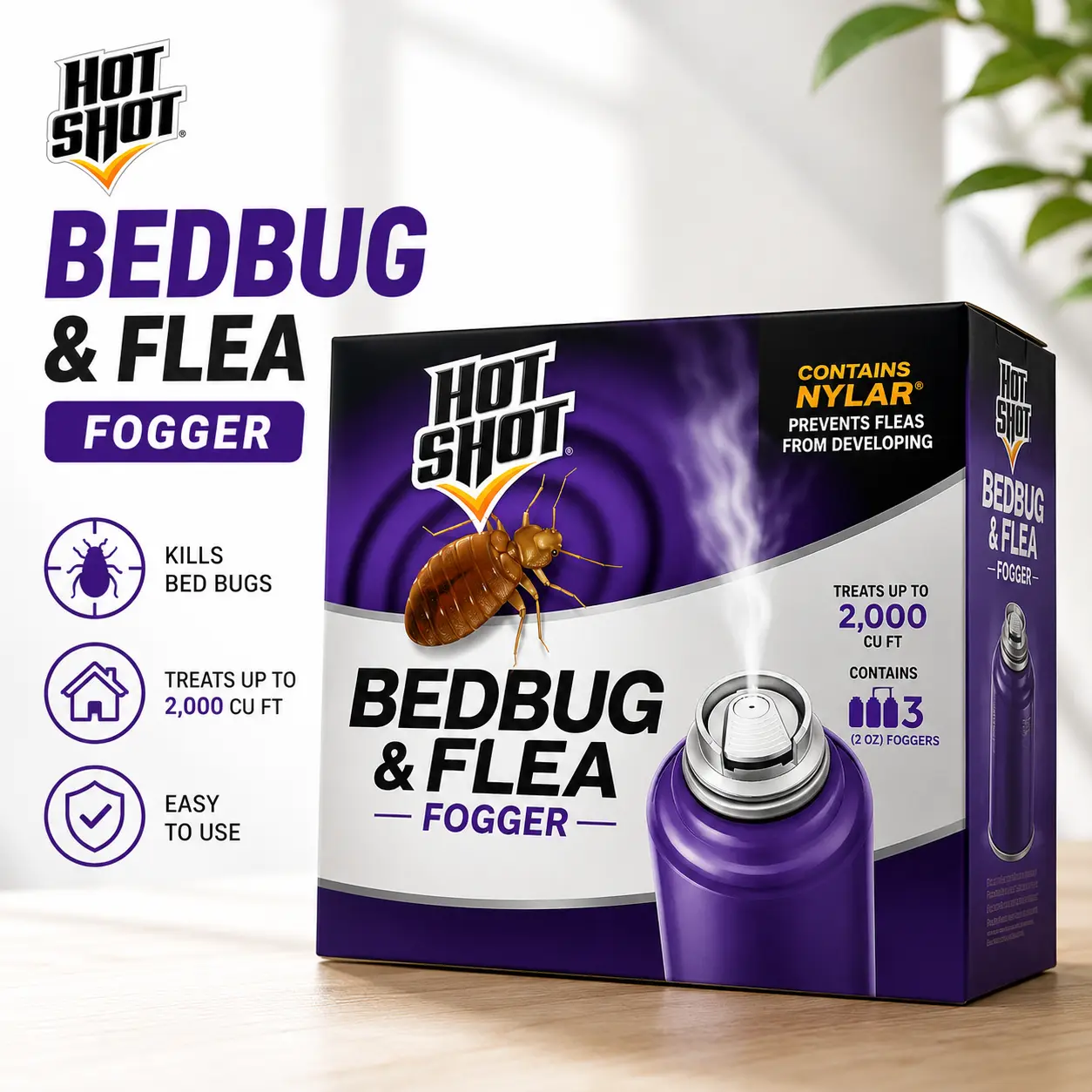Hot Shot Bedbug & Flea Fogger 3-Pack, Home Pest Control with Nylar, Prevents Reinfestation