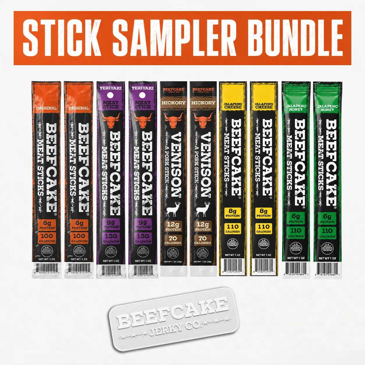 Beefcake Stick Sampler Bundle with Original Teriyaki Jalapeno Cheese Honey Sticks & Bull Head Decal