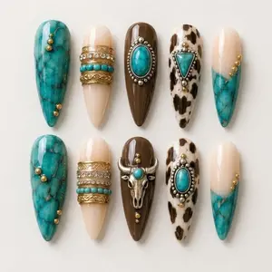 Cowboy Western Press On Nails 3D Turquoise Cow Rodeo Skull Charm Y2K Cowgirl
