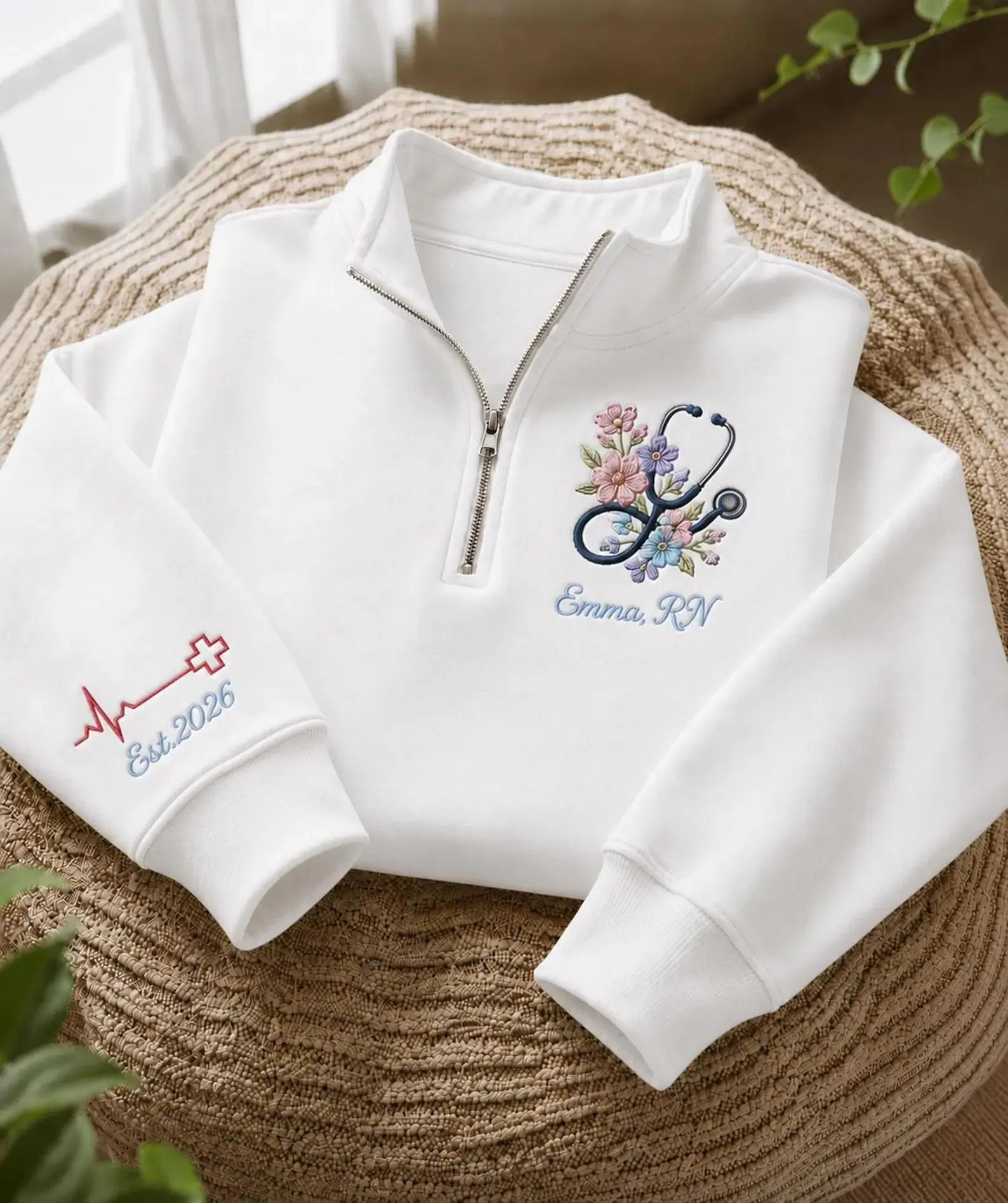 Personalized RN Quarter Zip Sweatshirt, Custom Embroidered Floral Stethoscope Nurse Sweatshirt, RN Graduation Gift, Nursing Gift