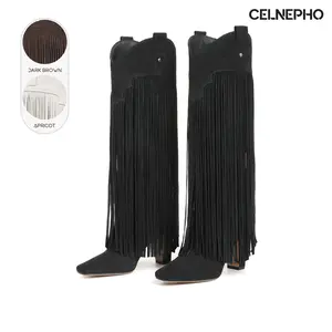 CELNEPHO Women Cowboy Boots Square Toe Chunky Block Heel Knee High Fringe Boot Easy Pull on Metal Studs Western Design Cosplay Fashionable Casual Summer Wear Party Horse Riding Country Wedding Indoor Outdoor Trendy Dress Shoes