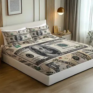 3pcs 100 US dollars Themed Bedding Set,(4 Styles to Choose From) USD Pattern Fitted Sheet Set, Suitable for Men and Women With Money Desire, Bedroom and Room Decoration, High End Fashion, Soft and Comfortable, Including 1 Fitted Sheet and 2 Pillowcase