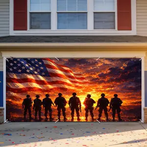 Nuxovilar Garage Door Covers Banner 6X13ft Polyester Soldier Silhouette Sunset American Flag Backdrop Patriotic Hanging Decor Outdoor Indoor Garage Porch Yard