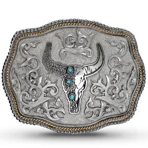 Wildflower Longhorn Belt Buckle | German Silver Base  | German Silver Beaded Edge & Jeweler's Bronze Rope Edge | Bull Skull Logo