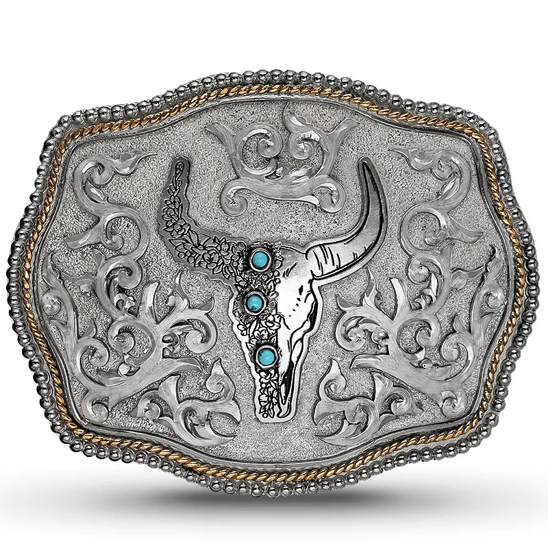 Wildflower Longhorn Belt Buckle | German Silver Base  | German Silver Beaded Edge & Jeweler's Bronze Rope Edge | Bull Skull Logo