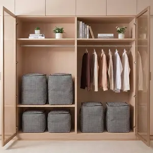 Home Large Capacity 3 Piece 1 Set Extra Large 47.55 Gallon Plaid Thickened Storage Bin, Laundry Blanket Storage Bucket, Mobile Travel Storage Basket, Ideal Storage Basket, Luggage, Case Dust Resistant and Bag Storage Compartment