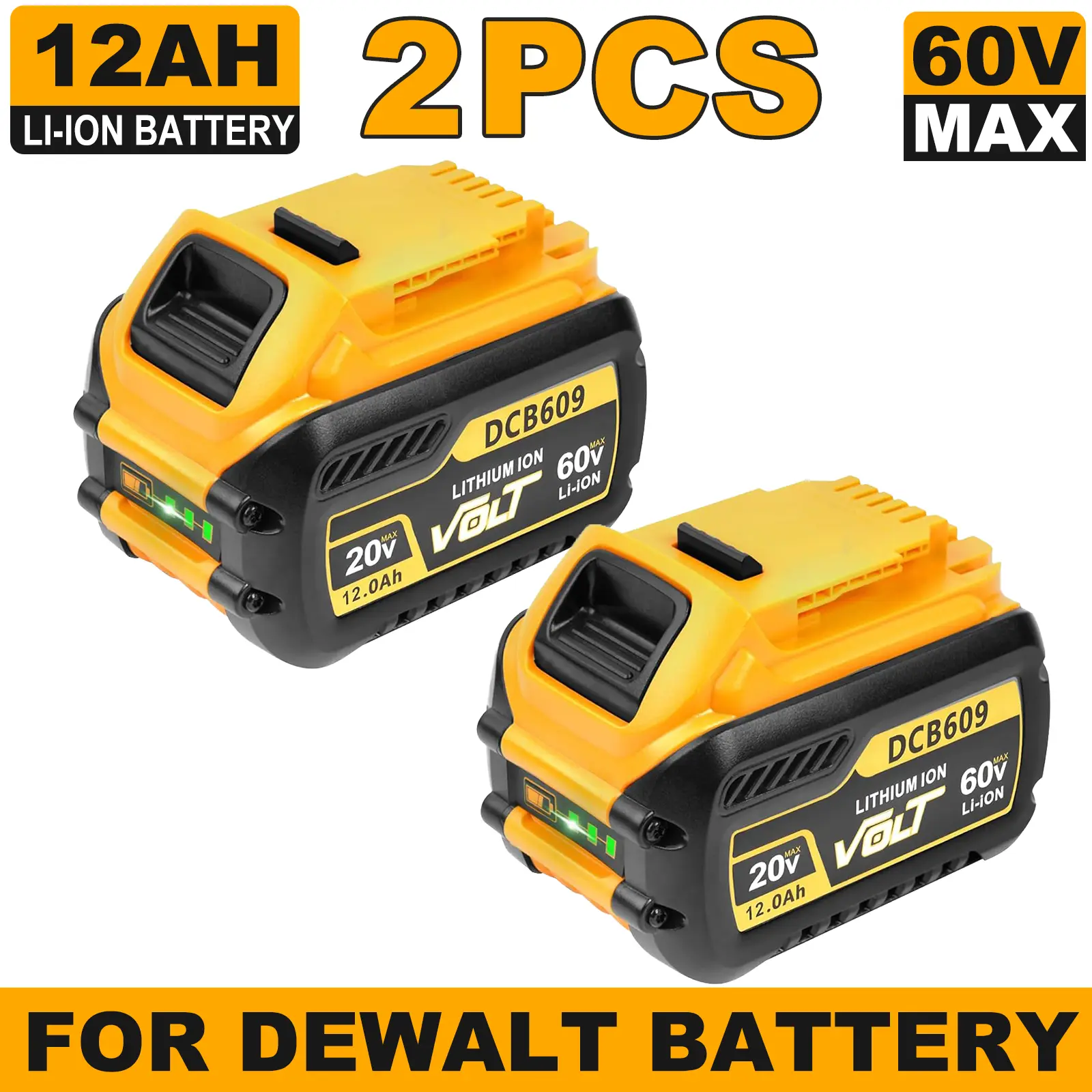 2-Pack Dual-Voltage 20V/60V MAX Lithium Ion Batteries for Dewalt Cordless Power Tools, 12.0 Ah Long Lasting Battery, Compatible with DCB606, DCB609 Series, DCB612, FCC Certified, Dust-Resistant, Overheating Protection, Durable Construction