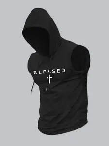 "BLESSED" Cross Graphic Hooded Tank Top - Faith-Based Streetwear Sleeveless Hoodie