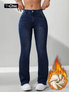 Women's Fall Winter Fleece Lined Woven Thick Warm Comfortable High Waist Skinny Fitted Jeans, Pants, Elegant Chic Style, All Seasons Wear