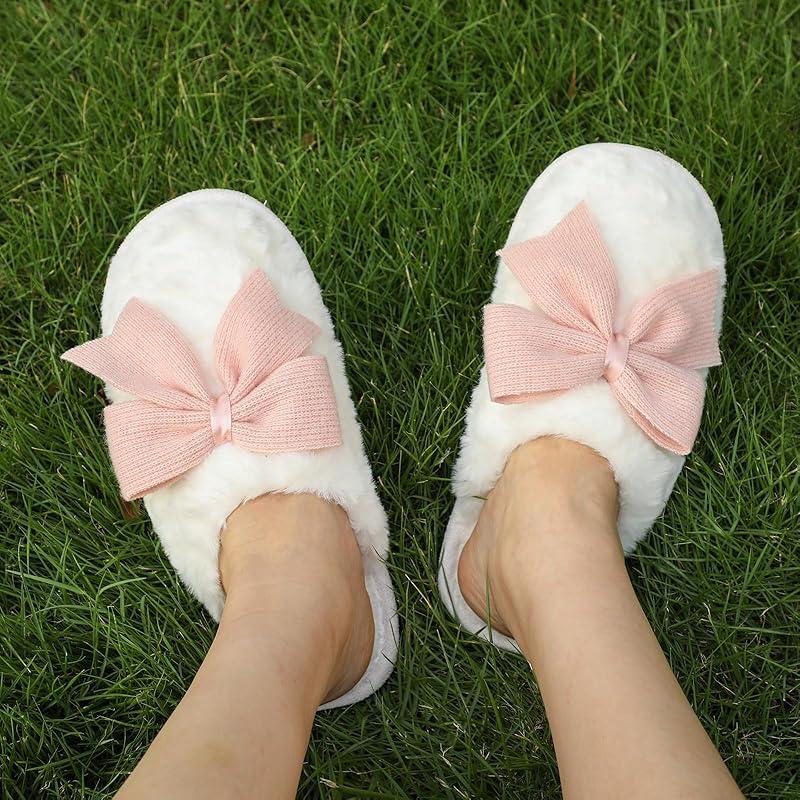 Plush Popular Fuzzy Cute Bow Slippers For Women, Non - Slip, Winter Warm Cozy House Slippers Indoor Outdoor Shoes Girl Footwear