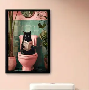Charming Black Cat Reading in Bathroom Canvas Art Perfect for Home Decor and Halloween Ideal for Living Rooms and Dormitories Unframed Print for Thoughtful Gifting