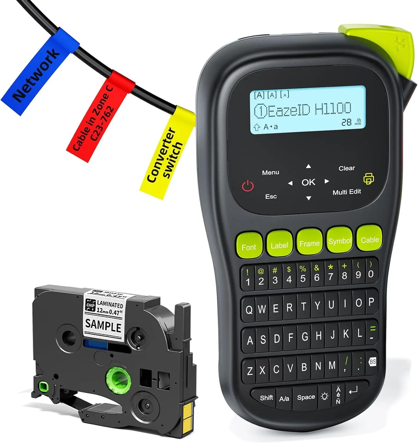 H1100 Label Maker Machine with-Tape Waterproof, Cabel Labeler Balck | Handheld Electric Label Maker with Keyboard, Wire Labeler Backlight Screen for Home Office Industrial Warehouse Use