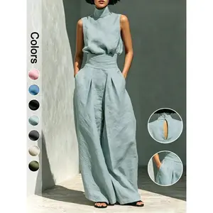 Elegant Women Two-Piece Outfit, Minimal Linen Blend High Neck Sleeveless Top & Wide Leg Pants, Solid Color Casual Suit