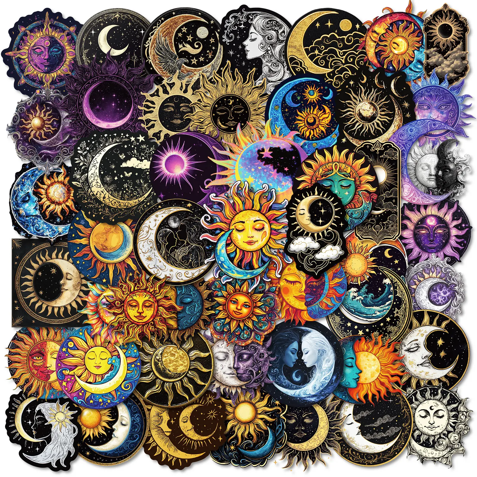 Sun & Moon & Star Pattern Sticker, 50pcs/set Self Adhesive Decorative Stickers, DIY Decals for Water Bottle, Laptop, Cellphone, Phone Case, Scrapbooking, Journal Making
