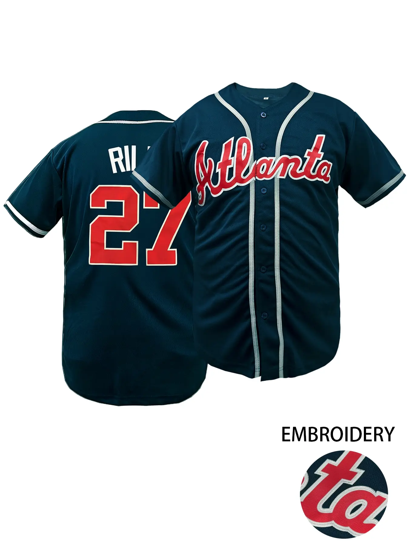 Men's Atlanta #27 Embroidered Baseball Jersey, Embroidered Jerseys, Casual V-Neck Short Sleeve Baseball Shirt, Breathable Loose Fit Sportswear, Outdoor Sports & Daily Wear, Unisex Style,Gift for Training,Thanksgiving,Christmas, Sports Clothing