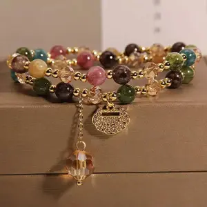 Veliora Gift B Premium Double-Strand Rainbow Tourmaline Beaded Bracelet，Wearing natural gemstones brings you energy and wealth.