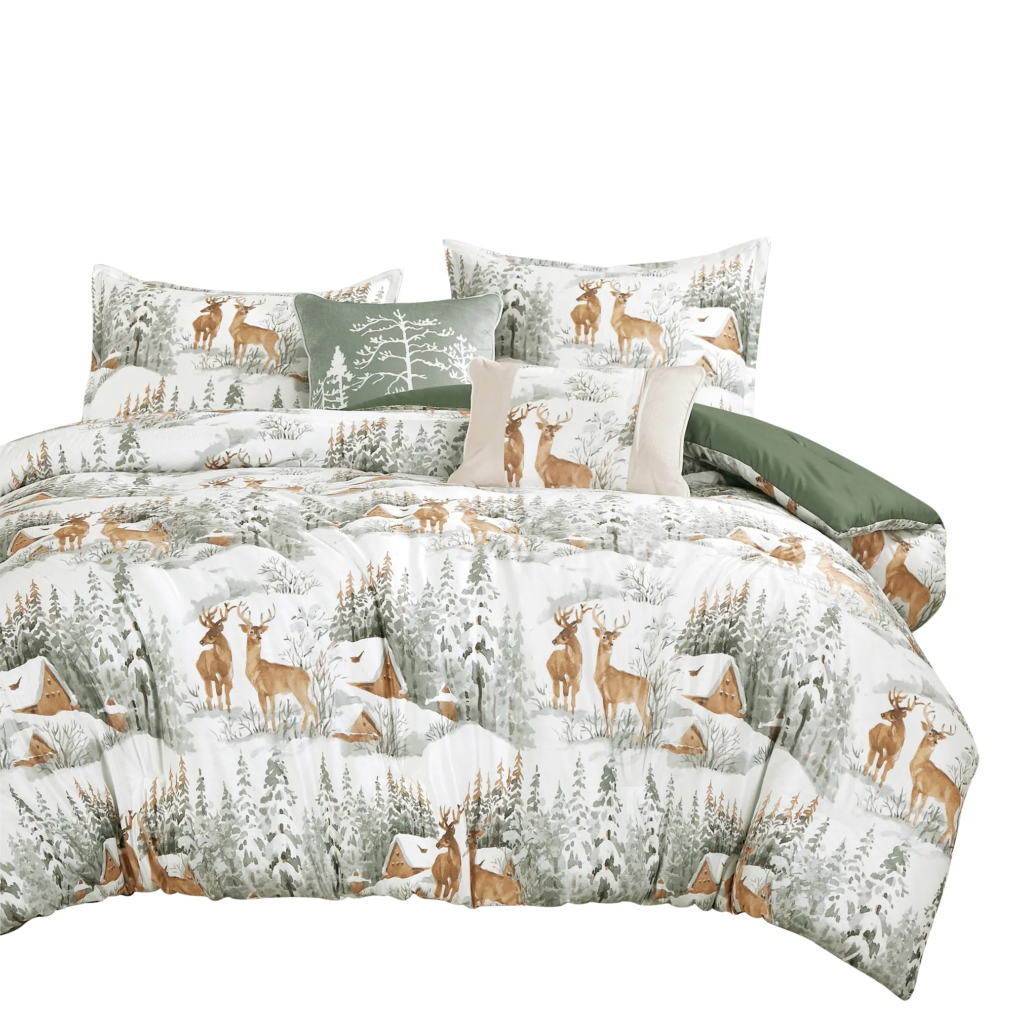 Velvet Comforter Set 5 Piece, Rustic Cabin Deer Bedding Set, Soft Plush Woodland Winter Comforter – Queen, King, Cal King
