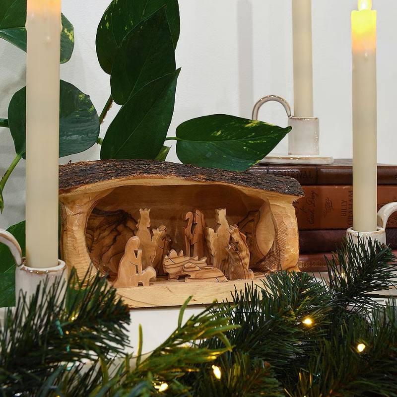 Large Holy Land Olive Wood Nativity - 5" H x 8½" W x 4¼" D Rustic Design with Magi & Shepherds for Display or Gift