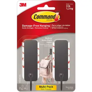 Medium Matte Black Wall Hooks, 2 Hooks and 4 Command Strips, Damage Free Hangin 3M