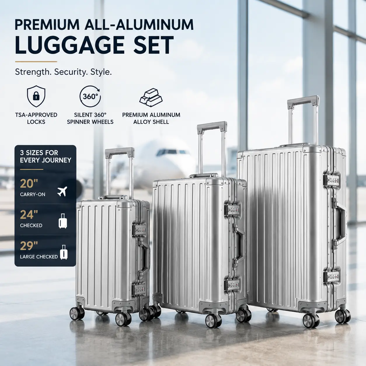 Metallic Aluminum Frame Hard Shell Wheeled Luggage Set, TSA Approved Locks, 360° Spinner Wheels, 20" Carry-On/24"/29" Checked Bag for International & Business Travel (Father’s Day Gift Option) sohochic