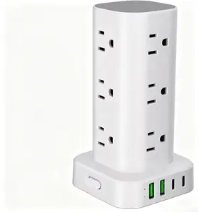 Tower Surge Protector Power Strip Flat Plug 6FT Extension Cord 12 AC Outlets 4 USB Ports Including 2 USB-C Multi Socket Charging Station Safe Power Tower for Home Office Dorm Bedroom Indoor Use White,earphone