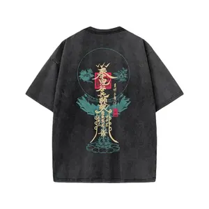 Vintage Washed Black Oriental Floral Calligraphy Graphic T Shirt Traditional Lotus And Seal Stamp Art Print Japanese Chinese Aesthetic Oversized Streetwear Tee Unisex Loose Fit Trendy TikTok Viral Casual All Season Daily Street Fashion Outfit