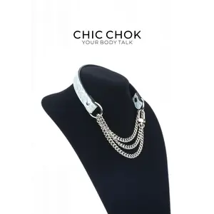 CHICCHOK Ice Blue Crocodile Texture Breathless Fashion Leather Choker with Movable Thick Chains, Daily Wear, Unisex, Pride Moth Gift,Handmade Cowhide Leather