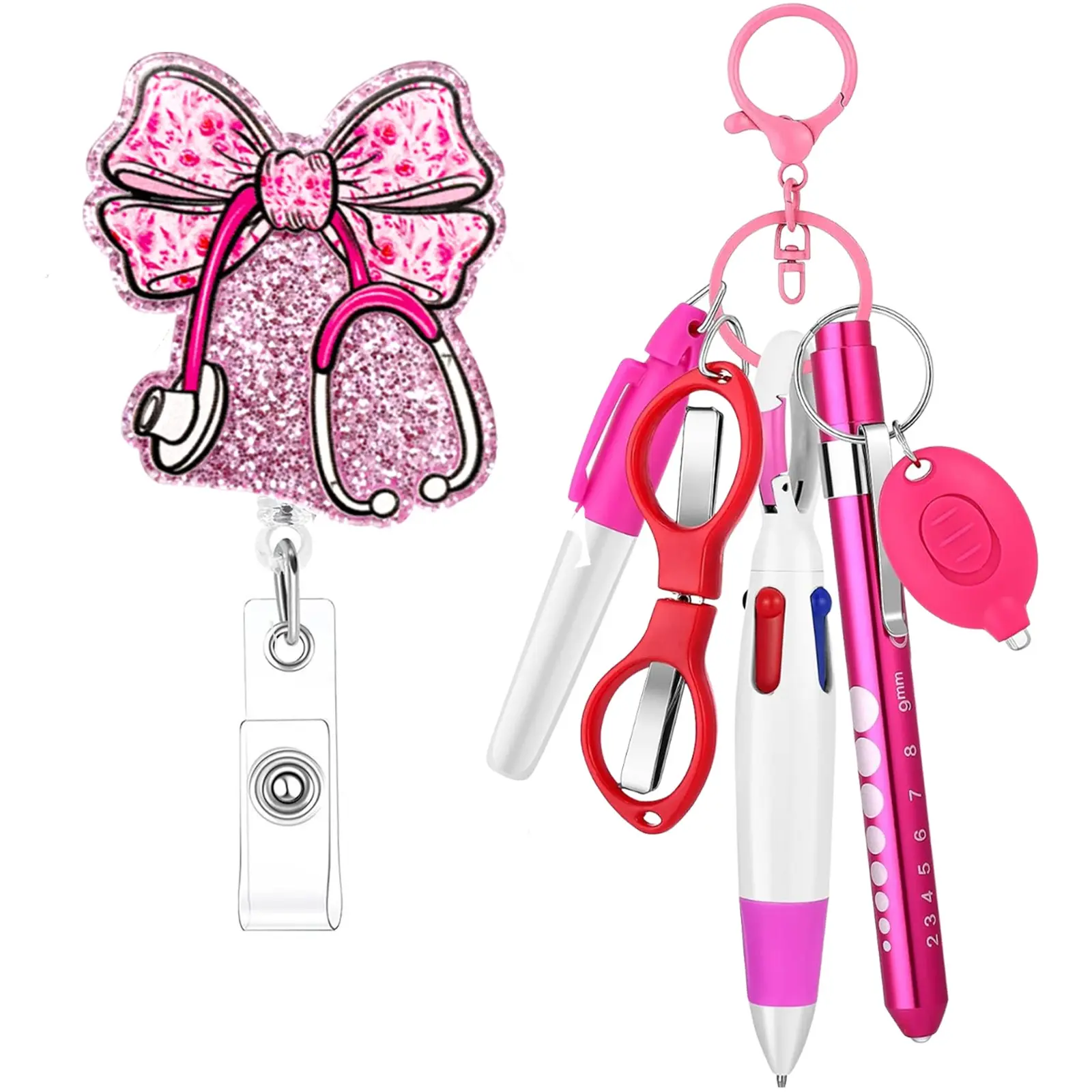 6 Piece Nurse Badge Work Set Includes Permanent Marker, Pen Light, Retractable Ballpoint Pen, Badge Reels Retractable, Bow Tie Badge Clip, Foldable Scissors, LED Flashlight Badge Buddy Nursing Nurse Badge Holder