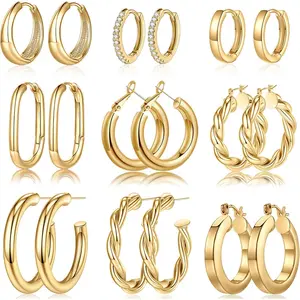 Women's 9-Pair Gold-Plated Chunky Hoops Set, Hypoallergenic Thick Lightweight Multi-Size Statement Earrings, Gift-Ready Fashion Jewelry with Safe Metal Posts