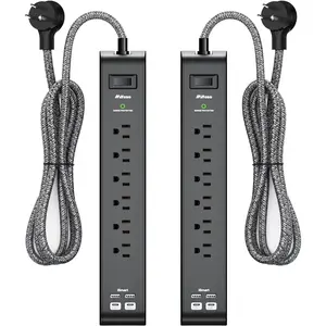 15FT Power Strip Surge Protector - 2 Pack Extension Cord with 6 Outlets 4 USB Ports, Flat Plug, 900 Joules, 15A Circuit Breaker, Wall Mount for Home Office Dorm