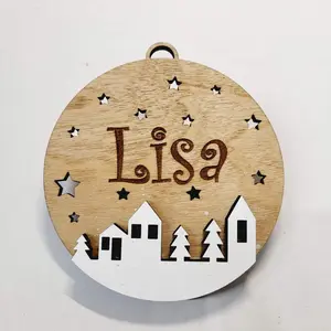 Customizable Round Wooden Christmas Ornament with Houses - "Your Name"