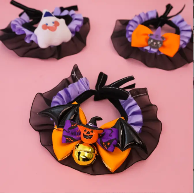 2-Pack Halloween Pet Collar with Lace Bandana, Pumpkin & Bat Wing Bowknot Decor for Cats & Large Dogs