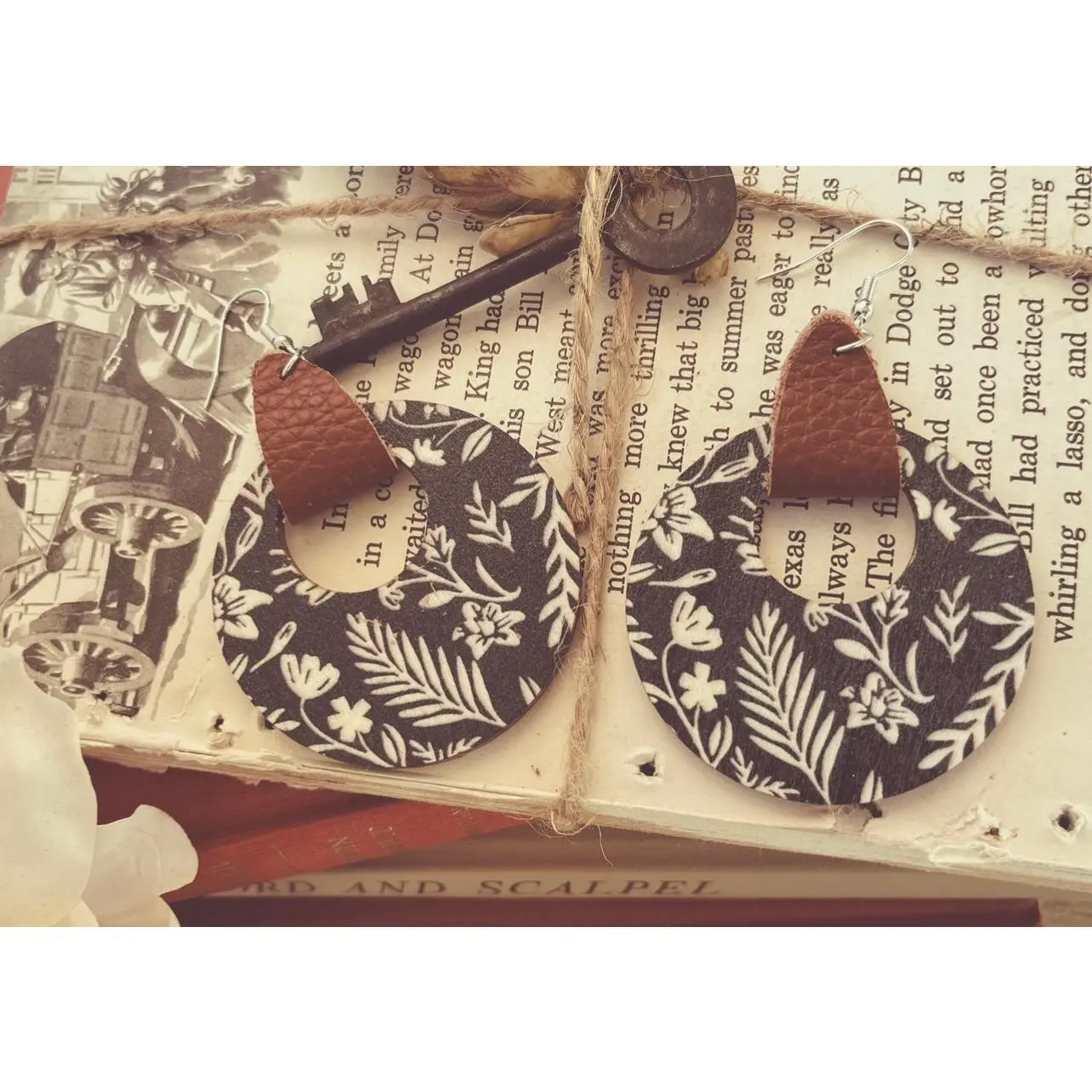 Beautiful Wood and Leather Circle Hoop Earrings
