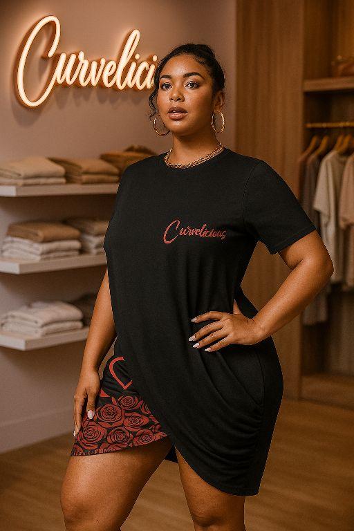 Love Me Ruched Tee Dress - Black Short Sleeve Crew Neck with "Carvelicious" Text Design for Women