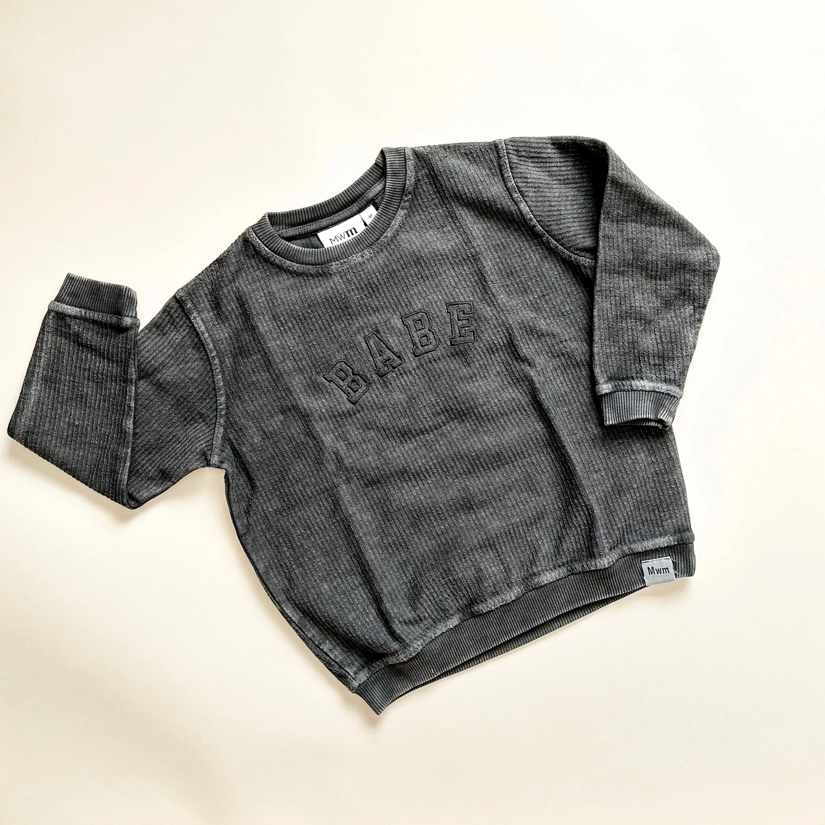Babe Black on Black Embroidered Varsity Corded Crewneck