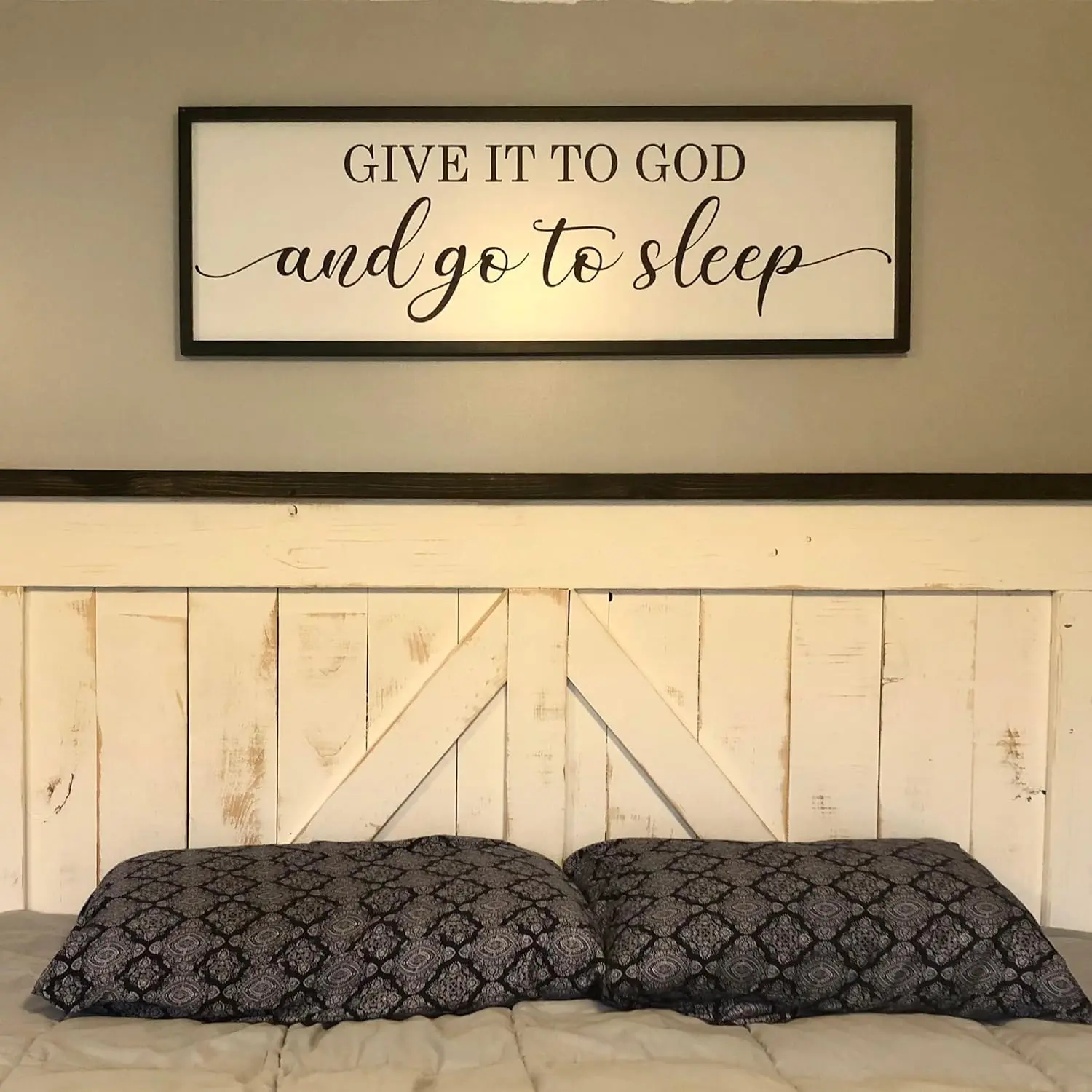 Framed Give it to God and Go to Sleep Signs 48"x16" Above Bed Wall Decors Wall Art for Bedroom Wood Signs