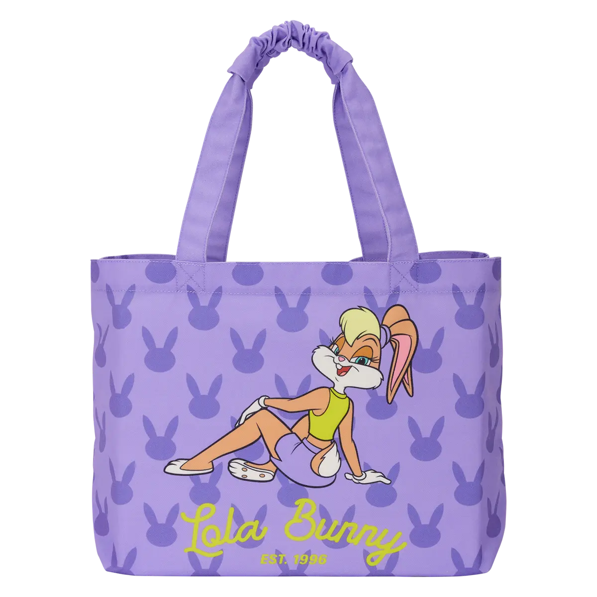 Loungefly Looney Tunes Lola Bunny All-Over Print Canvas Tote Bag with Scrunchie Handle, Casual Daily Use Commuter Purse, Casual Commuter Bag, Daily Use Purse, Cartoon Theme, Handheld Bag Purse