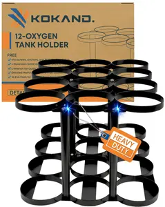 KOKAND Premium/Detachable Oxygen Tank Holder (12) for E, D, M9/C Size Cylinders - Heavy Duty Metal Storage Rack - Portable Oxygen Tank Carrier for Travel & Vehicle Use (Black) (4.5" Wide Slots)