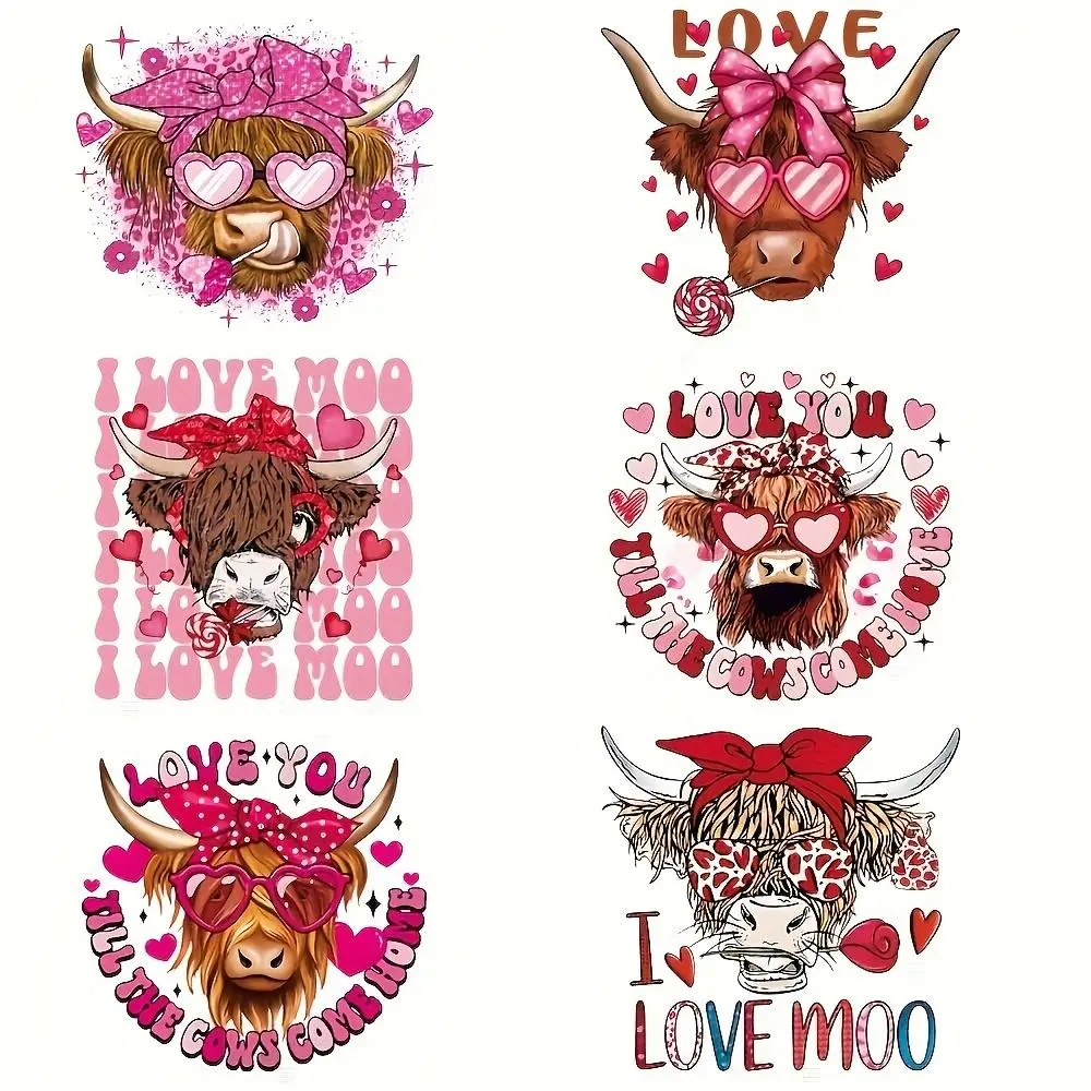 Cartoon Cow Pattern Iron on Heat Transfer Vinyl Decals, 6 Counts/set Cute Cartoon Cow & Bowknot Love Designs, DIY Washable Fabric Appliques for T-Shirts, Jeans, Masks, and Backpacks