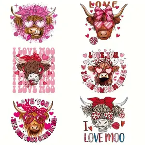 Cartoon Cow Pattern Iron on Heat Transfer Vinyl Decals, 6 Counts/set Cute Cartoon Cow & Bowknot Love Designs, DIY Washable Fabric Appliques for T-Shirts, Jeans, Masks, and Backpacks