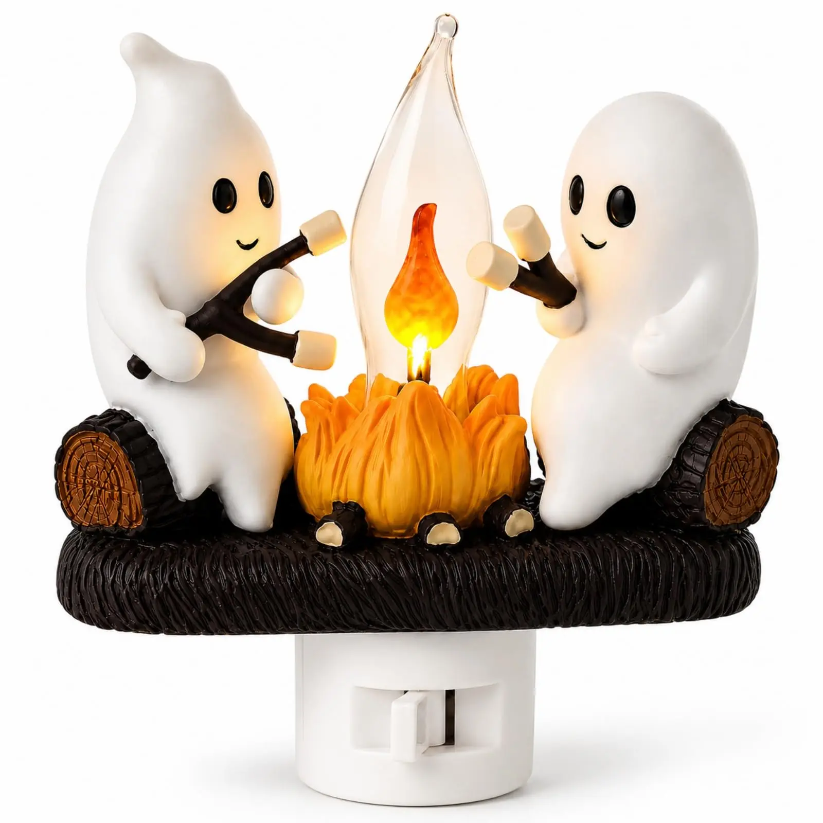 Ghost Campfire Night Light, Plug-in 3D Flickering Faux Campfire Lamp, Cute Spooky Marshmallow Ghost Halloween Decor, Cozy LED Night Light for Bedroom, Nursery, Desk, Shelf, Living Room, Indoor Halloween Decorations
