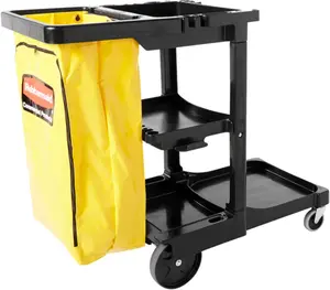 Rubbermaid Commercial Traditional Janitorial 3-Shelf Cleaning Cart, Wheeled with Zippered Yellow Vinyl Bag, for Business/School/Office/Janatorial Cleaning Rubbermaid Commercial Products
