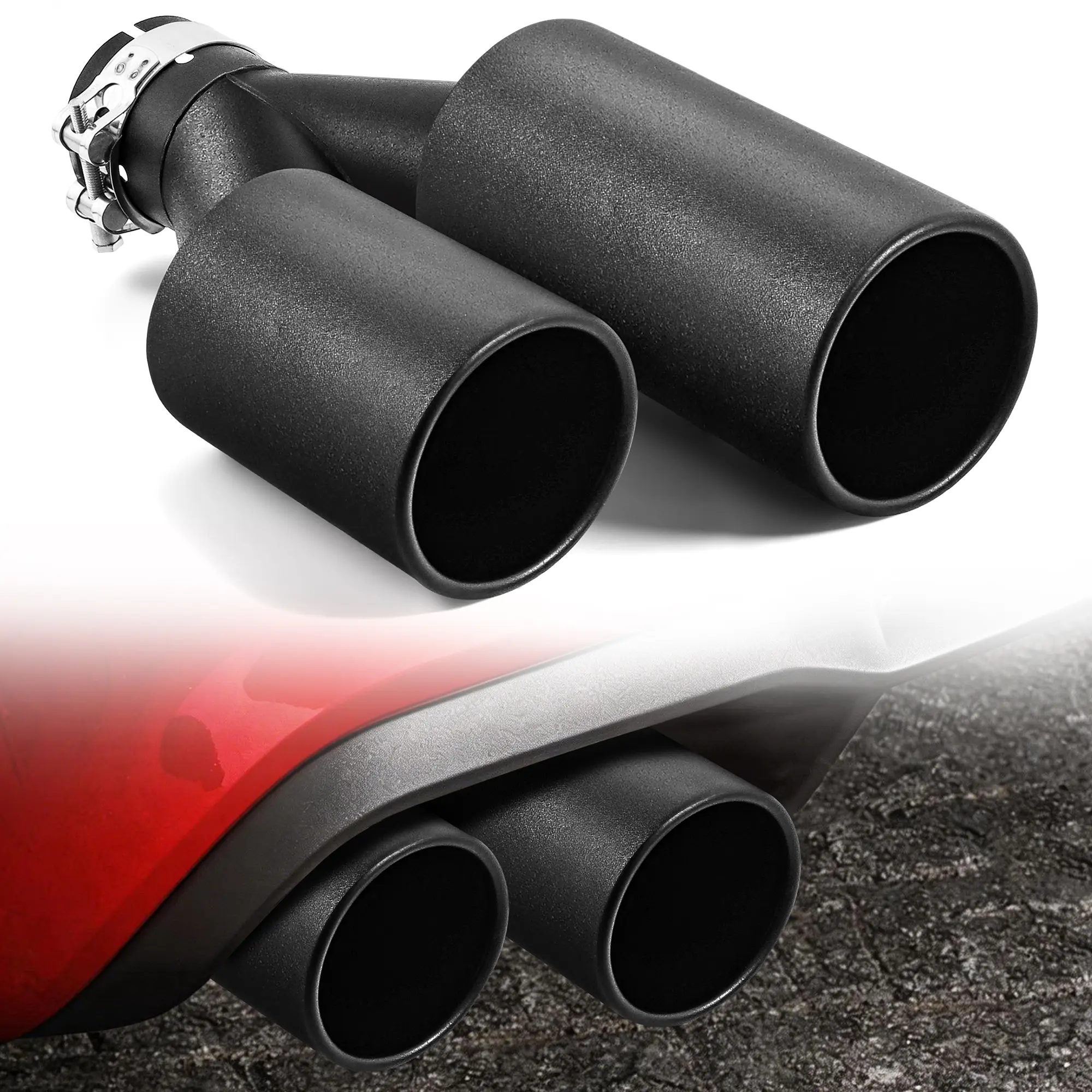 MONOKING Fits 2.5-Inch OD Tailpipes –  Dual Exhaust Tip, 3.5-Inch Dual Outlets, Black Stainless Steel Clamp-On Y-Pipe Tip, Staggered Straight-Cut Design, 10.25-Inch Max Length