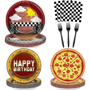 96Pcs Night Party Decorations Horror Game Paper Plates and Napkins Red Brick Pizza Checkered Tableware Video Game Disposable Dinnerware Set for Spooky Cree