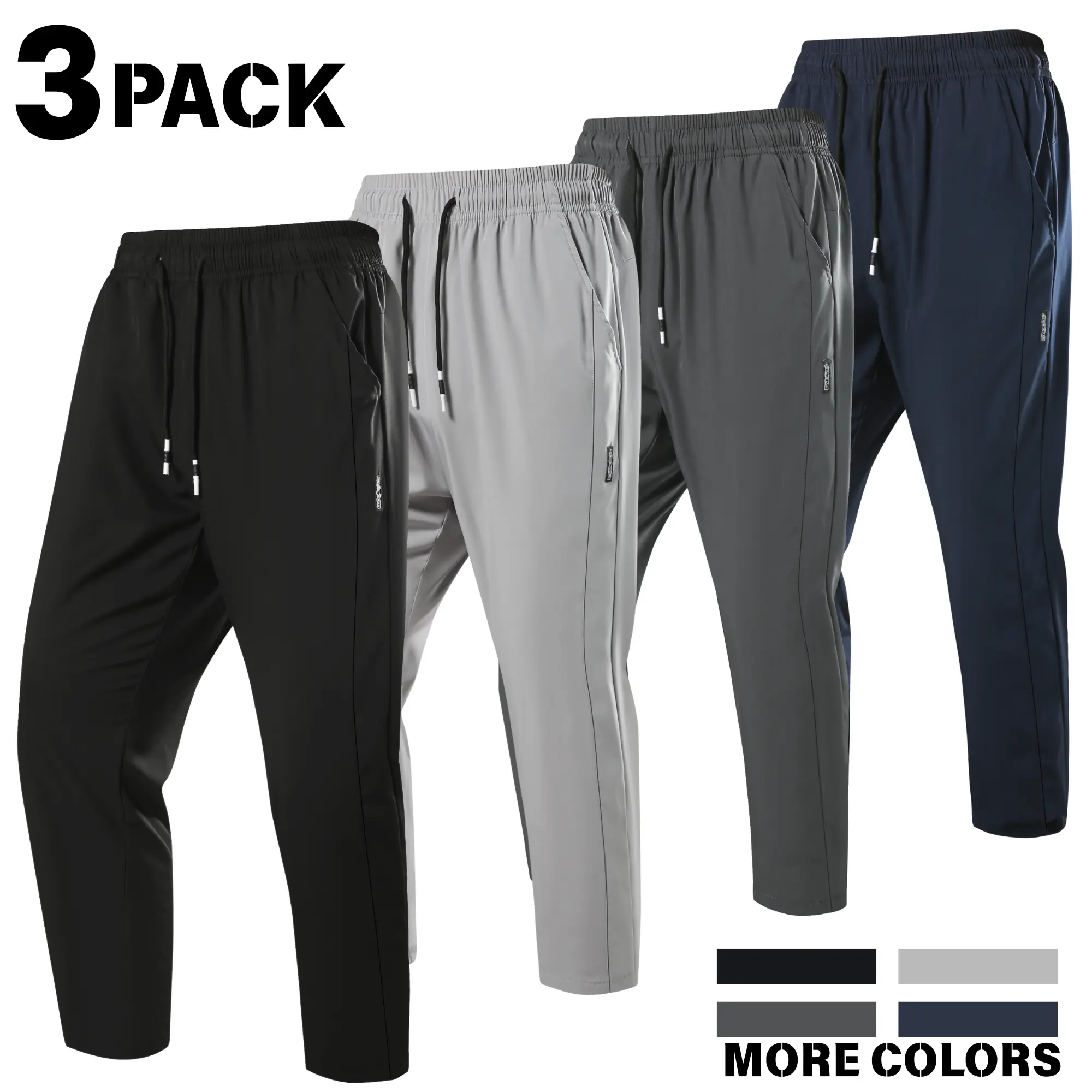 Men’s 3-Pack Ice Silk Athleisure Pants, Quick-Dry, High-Stretch, Skin-Friendly, Breathable, Flexible, Comfy Drawstring Loose Straight-Leg Bottoms for Fitness, Commuting, Athleisure Men's Pants, Breathable Men's Pants