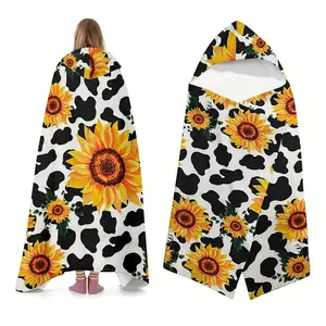 Sunflower & Cow Print Wearable Blanket, Soft Comfortable Throw Blanket, Warm Napping Hat Blanket for Home Office Travel Camping Gifts