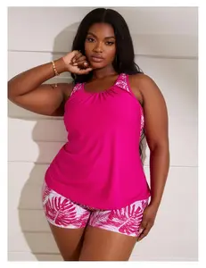 Women's Rose Red Bikini Set - Tummy Control High Waist Bathing Suit, Ruffled Racerback Crop Top, Tropical Leaf Lining, Two Piece Swimsuit for Women, Plus Size Available - Up to 4XL