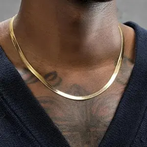 Herringbone Necklace 925 Sterling silver 18K Gold 4MM Flat Chain Necklace