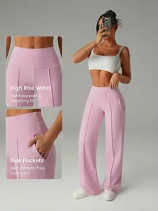 Women's Soft Knit Sporty Sweatpants, High Waist Wide Leg Running Pants with Pockets, Comfortable Fashion Style for Outdoor and Casual Sports