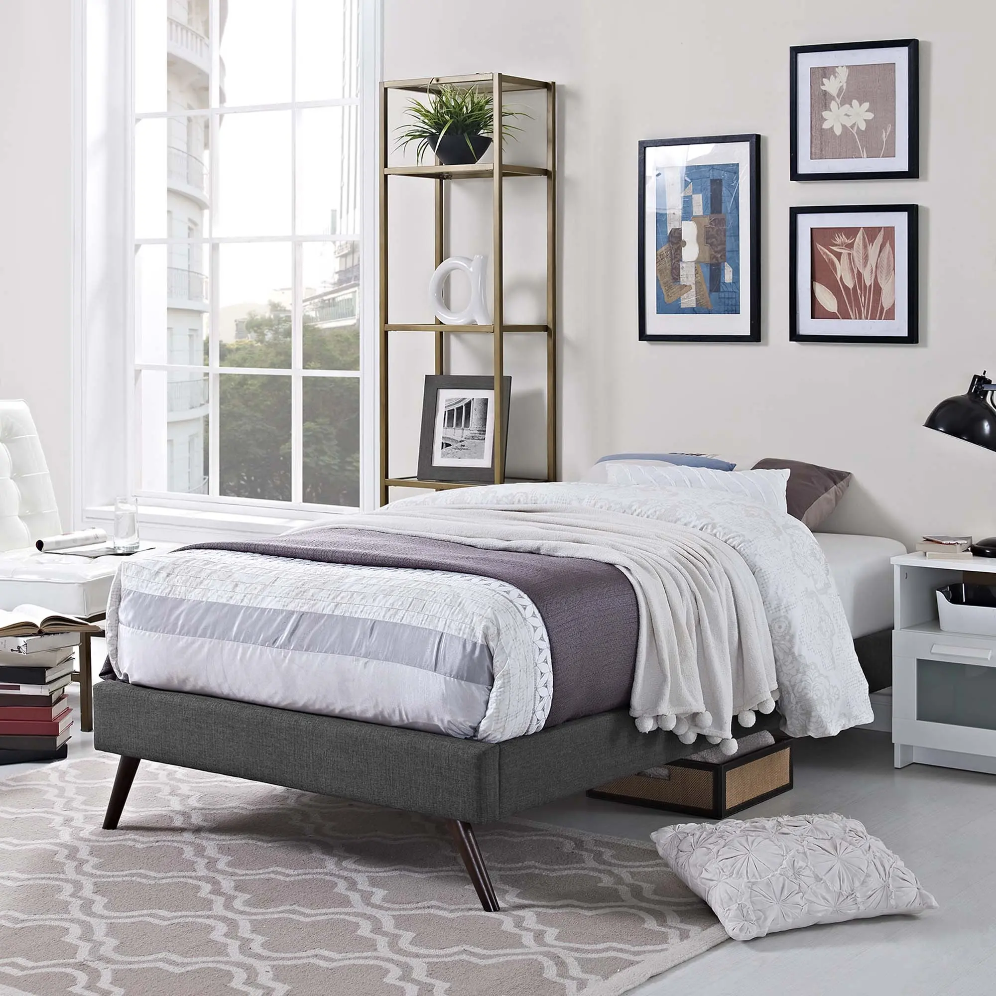 Modway Loryn Twin Fabric Platform Bed Frame - Gray, Round Splayed Legs, Solid Wood Construction, Minimalist Contemporary Modern Bed for Indoor Furniture, Supports Memory Foam Mattresses, Reduces Wood Dust, Modern Beds